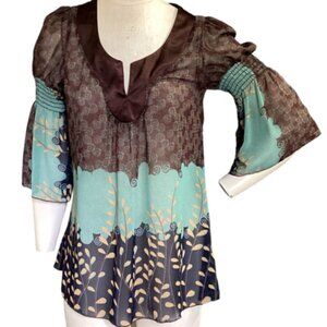 Daytrip Satin Trim & Chiffon 3/4 Smock-Bell Sleeve Top L Brown Green Black 98L